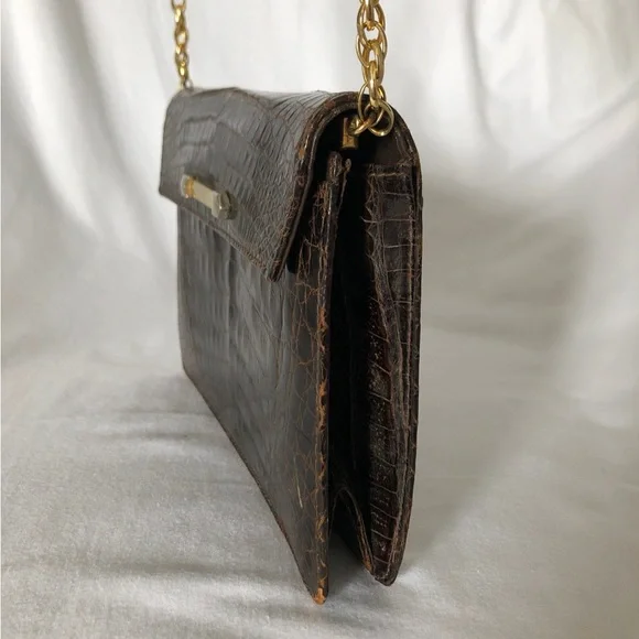 1960's dark brown alligator skin leather Clutch Mini gold color chain strap
